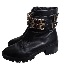Karl Lagerfeld Paris Palmer G20 Black Leather Gold Chain Combat Boots 6.5 Womens